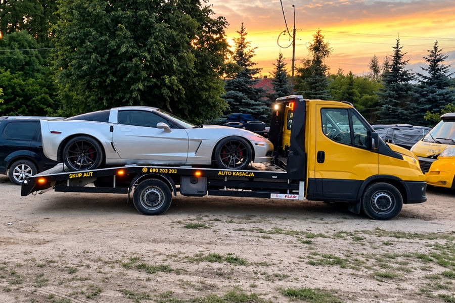 Srebrna Corvette C6 na lawecie skupu aut Eko-Stal w Ciechanowie